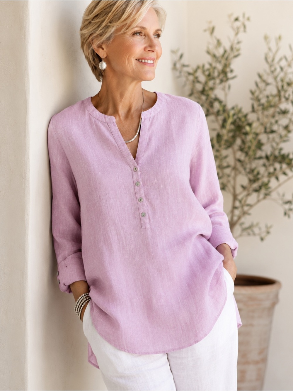 Chico’s 100% Linen Pink Tunic Blouse Size 1.5 US 10 Long Sleeve High Low Top